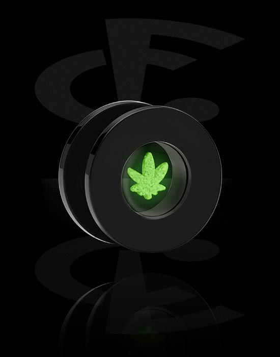Tunnels & Plugs, "Glow in the dark" screw-on tunnel (acrylic, black) met transparant inlegwerk met marihuana-blad, Acryl