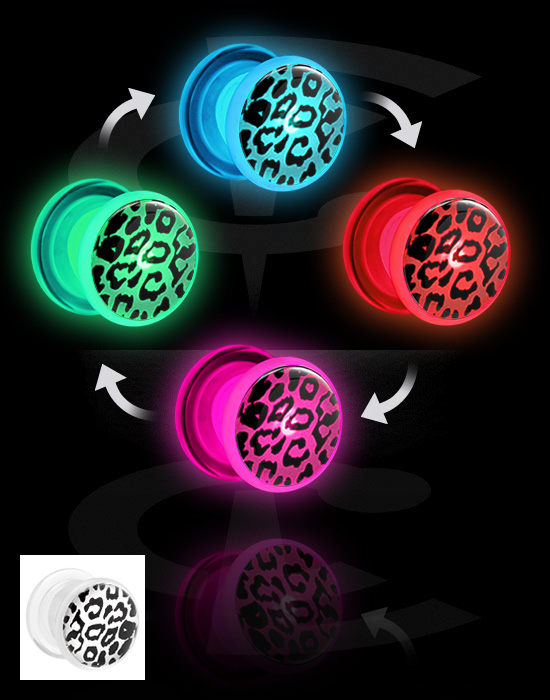 Tunnels & Plugs, Screw-on tunnel (acrylic, transparent) with LED attachment and leopard print, Acrylic