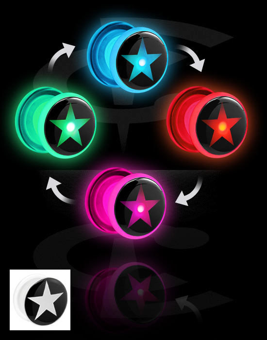 Tunnels & Plugs, Screw-on tunnel (acrylic, transparent) with LED attachment and star design, Acrylic