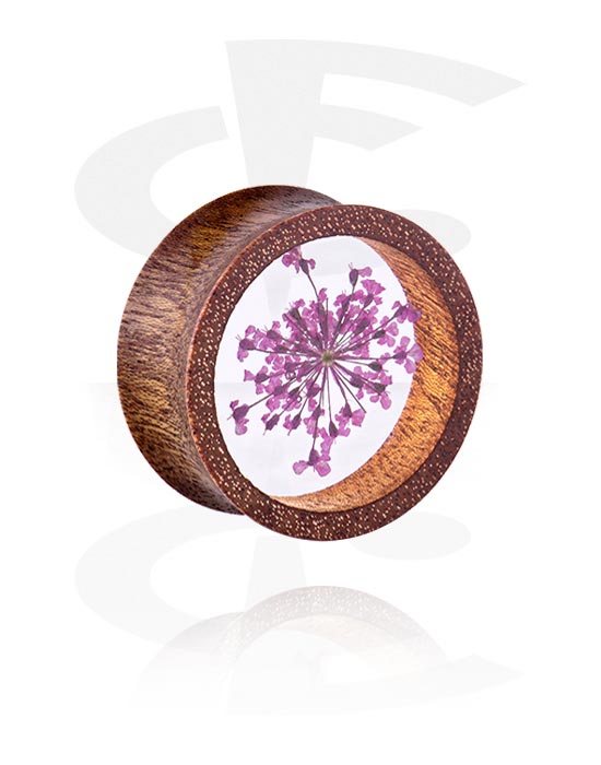 Tunnels & Plugs, Double flared plug (wood) with flower inlay, Wood, Resin