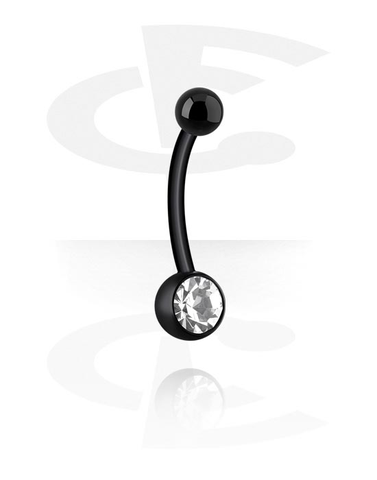 Curved Barbells, Belly button ring (bioflex, black) with acrylic balls and crystal stone, Bioflex, Acrylic