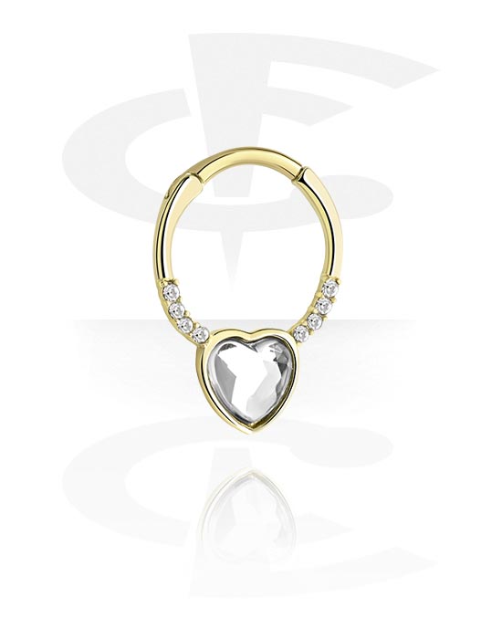 Piercing Rings, Piercing clicker (surgical steel, zircon steel, shiny finish) with heart design and crystal stones, Zircon steel